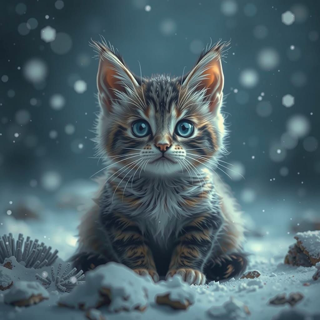 Whimsical Kitten in Snowy Winter Wonderland