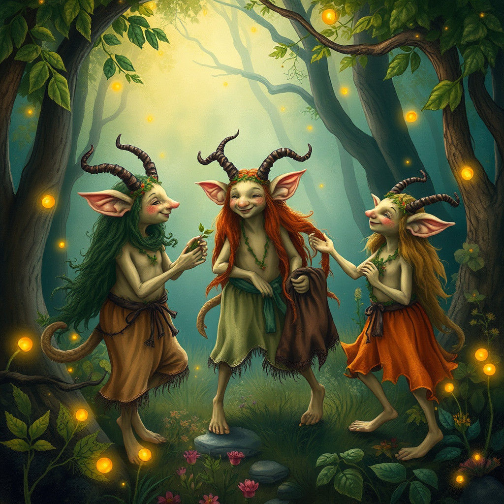 Fauns Dancing in Enchanted Forest, Folk Art Style