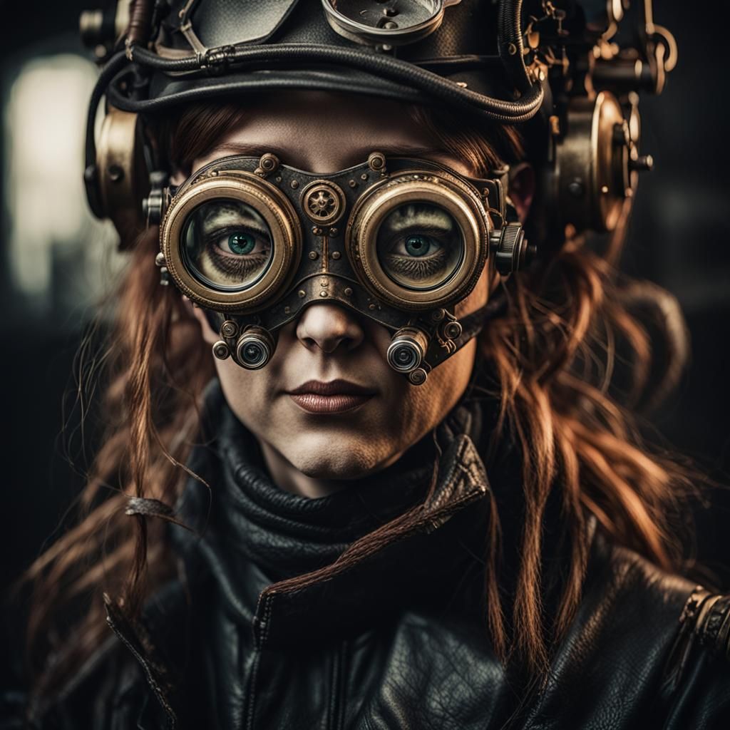 Steampunk Redhead with Cat Mask Portrait