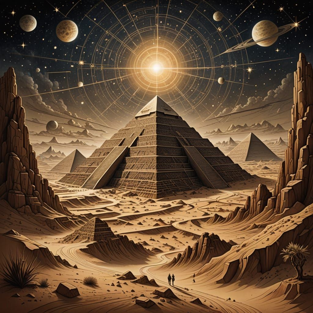Lost Desert City with Cosmic Pyramids, Ink Illustration