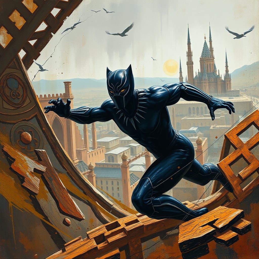 Black Panther Action Scene in Impasto Style