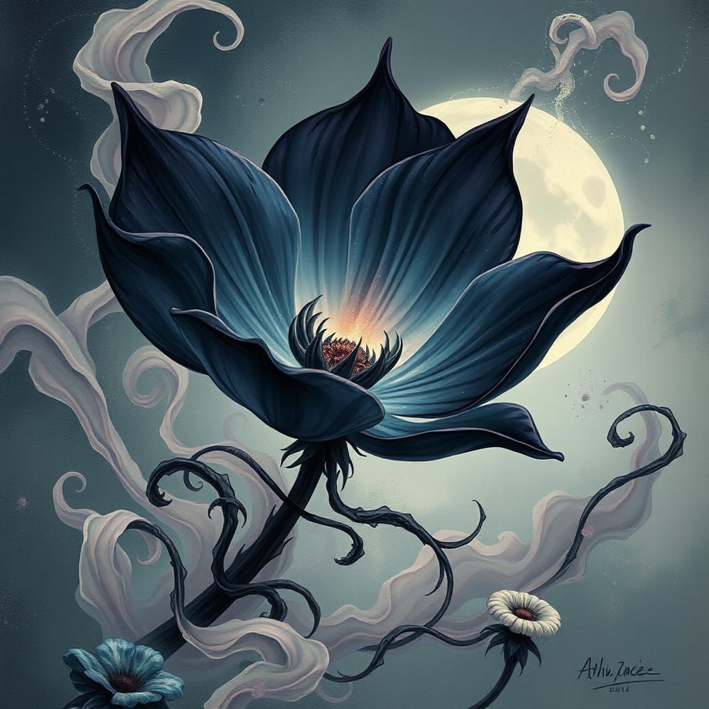 Mystical Onyx Bloom in Traditional Japanese Ink Art Style