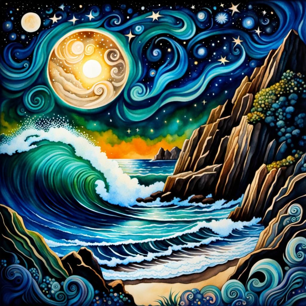 Rocky Coastline Watercolor Painting with Starry Sky