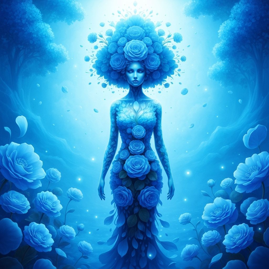 Woman of Blue Flowers in Ethereal Blue Landscape