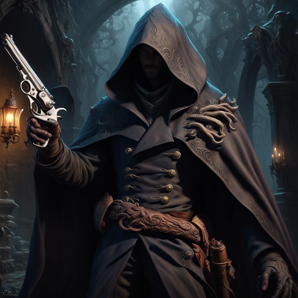 Hooded Figure with Tentacle Hand in Shadowy Fantasy