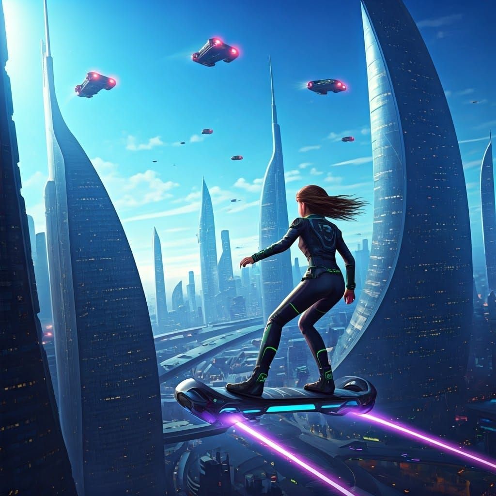 Sleek Teenage Girl Soars on Metallic Hoverboard in a Futuris...