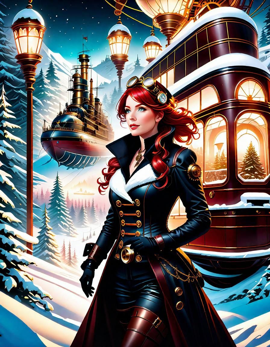 Steampunk Engineer in Winter Wonderland Landscape