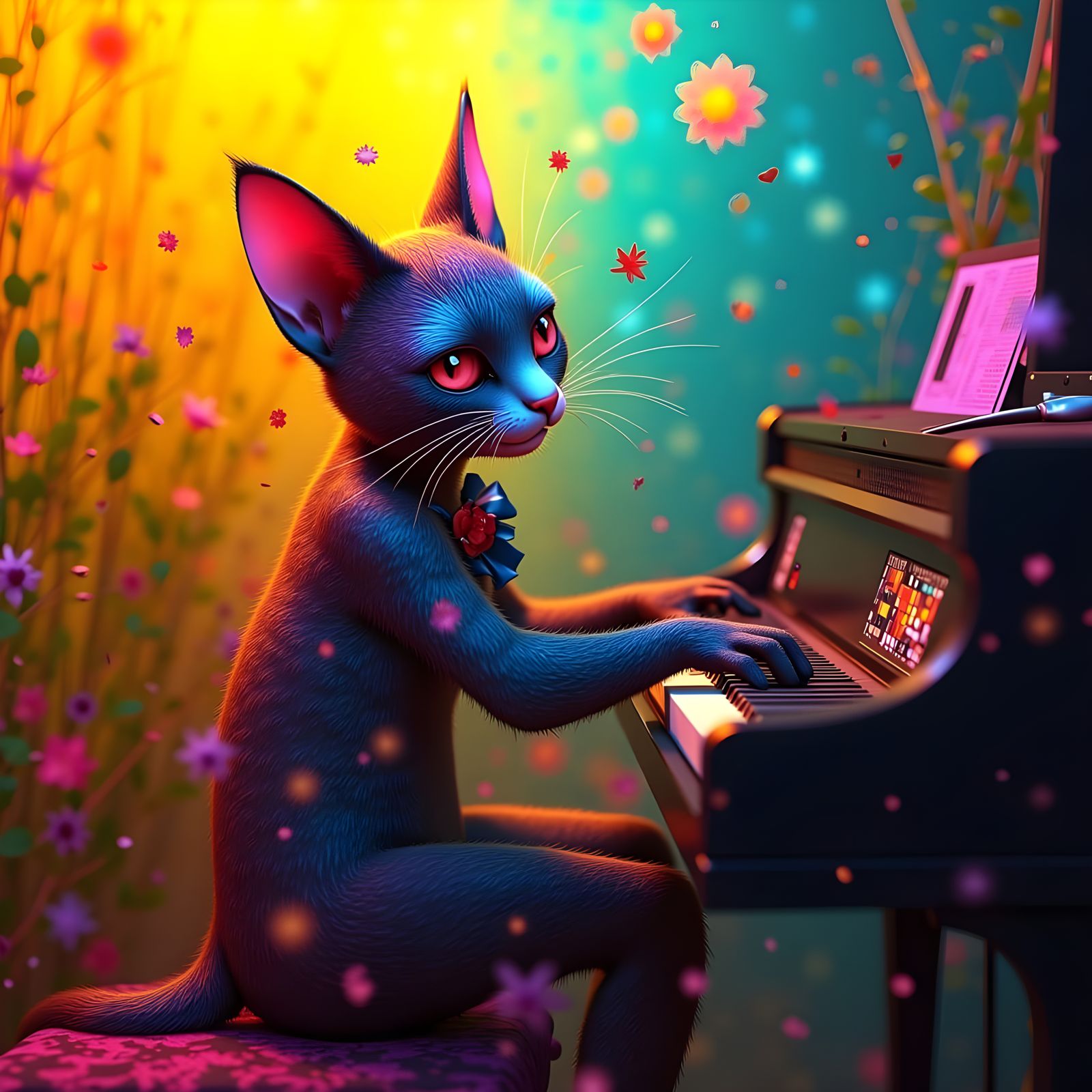 Psychedelic Cat Musician in Art Nouveau Style