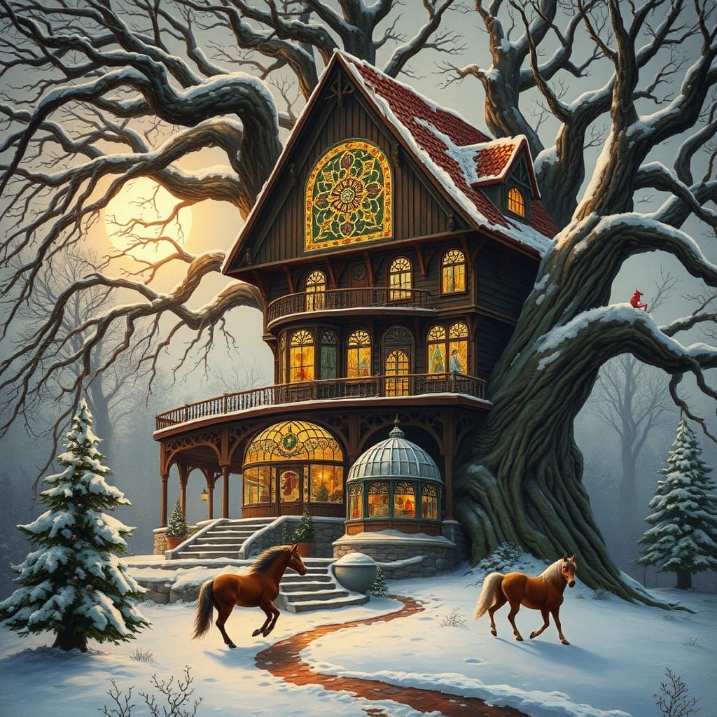 Dreamy Christmas Treehouse Mansion in Illustrative Style