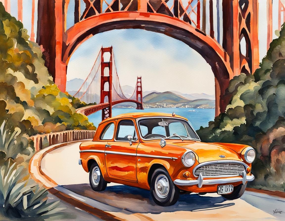 Ford Anglia on Golden Gate as Watercolor Painting