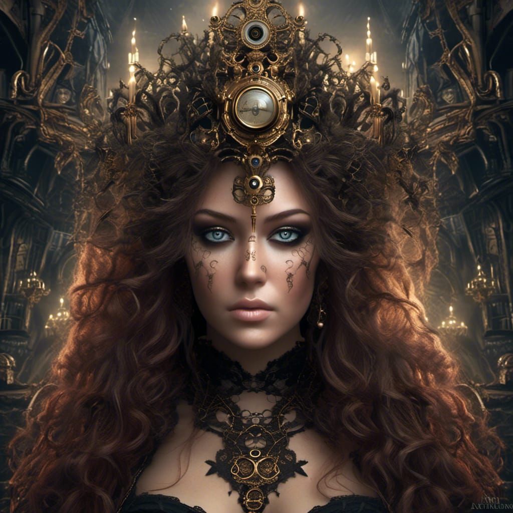 Steampunk Woman with Vivid Eyes in Mixed Media Style