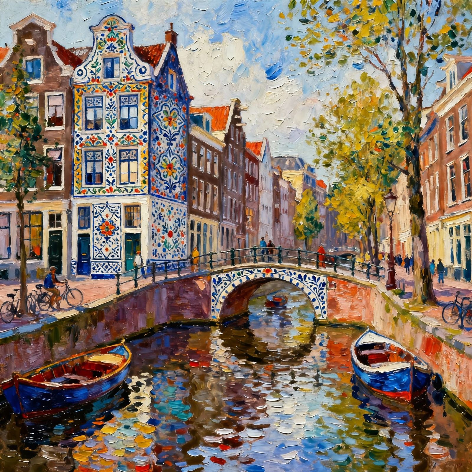 Amsterdam Canals in Mexican Talavera Style Oil Painting