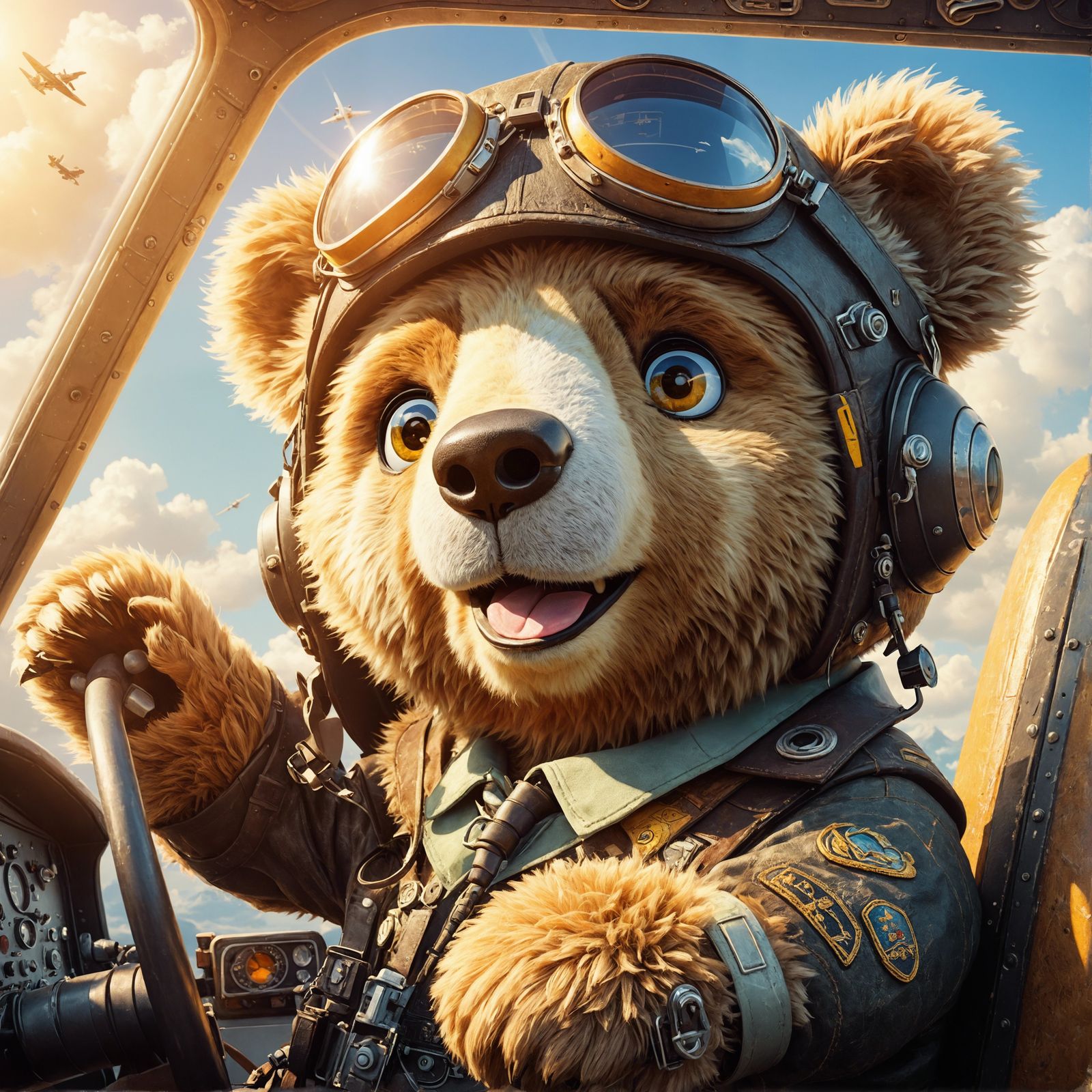 Animated Bear Pilot in Airplane as Oil Painting