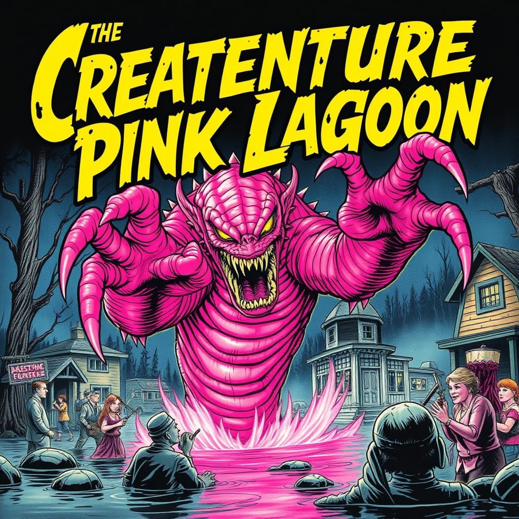 Pink Lagoon Creature in Pulp Comic Style