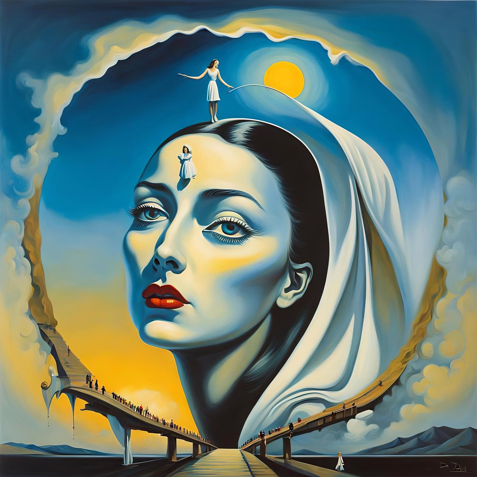 Surreal Woman and Child Bridge Crossing, Dali Style