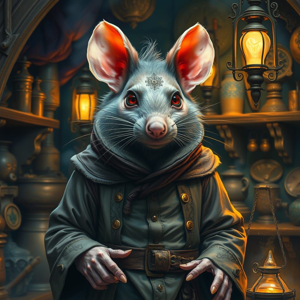 Alchemist Rat in Fantasy Workshop, Detailed Illustration