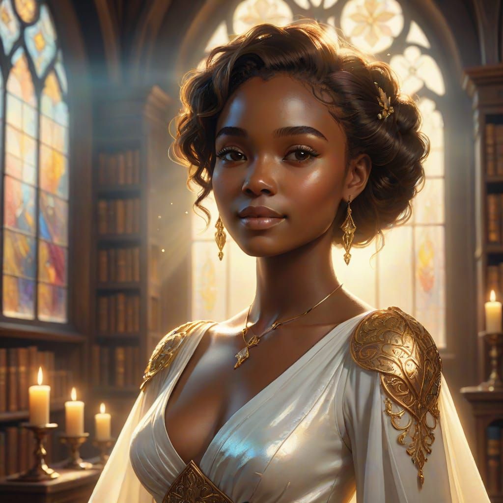 African Woman in Tudor Library Fantasy Scene