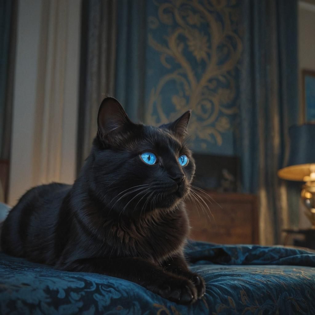 Black Cat Waking Up in Luxurious Hotel Room