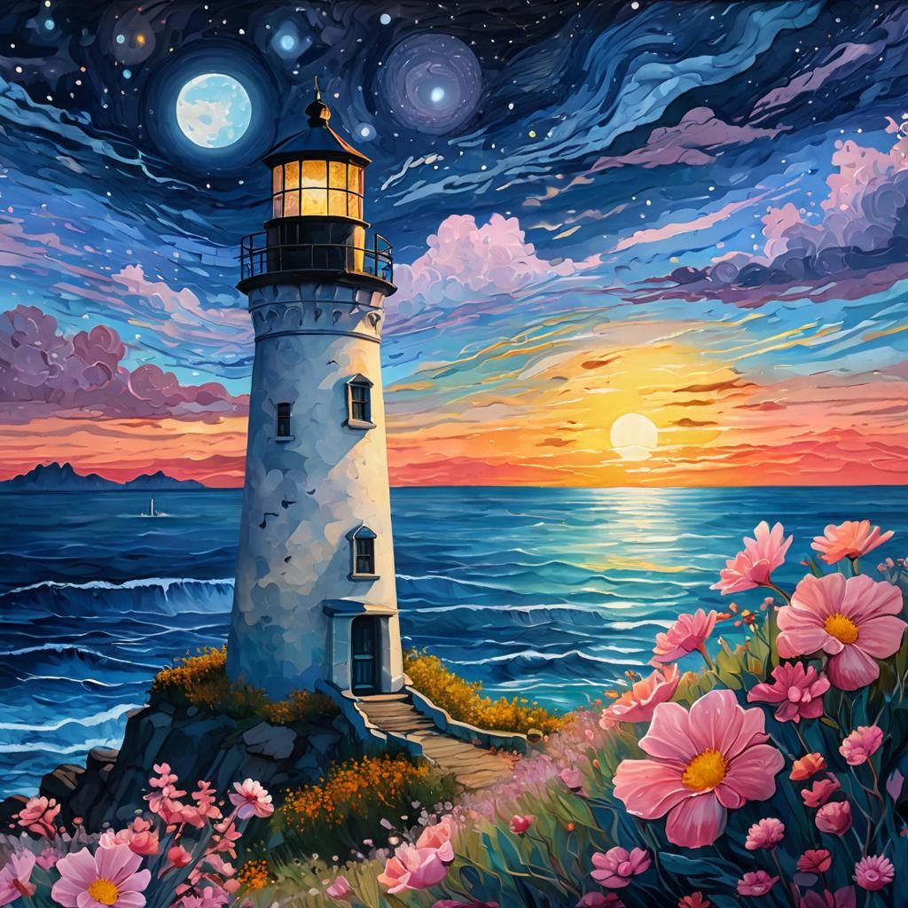 Seaside Lighthouse with Pink Flowers in Watercolor Style