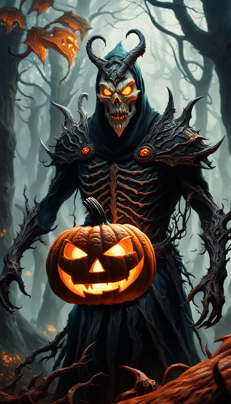 Daedric Pumpkin Spectre Looms in Dark Fantasy Forest