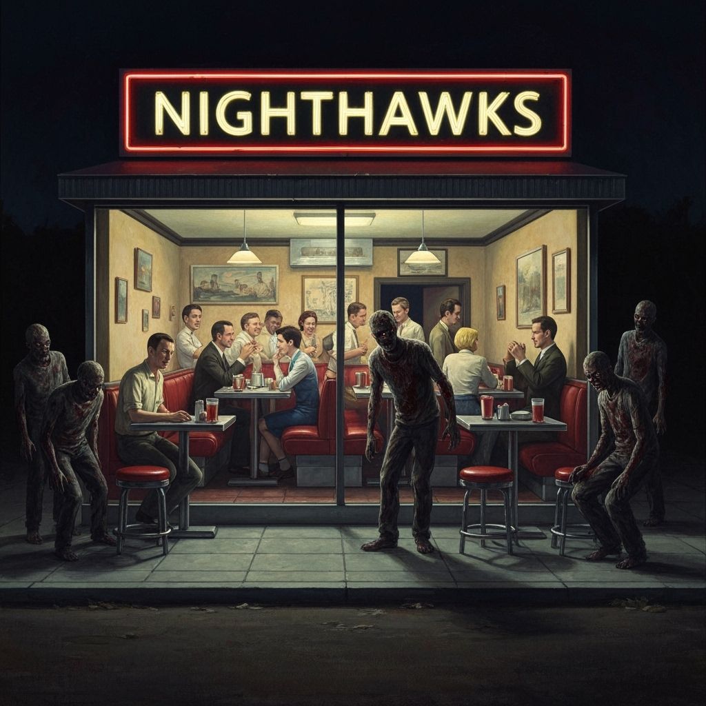 Nighthawks Diner Scene with Zombies in Hopper Style
