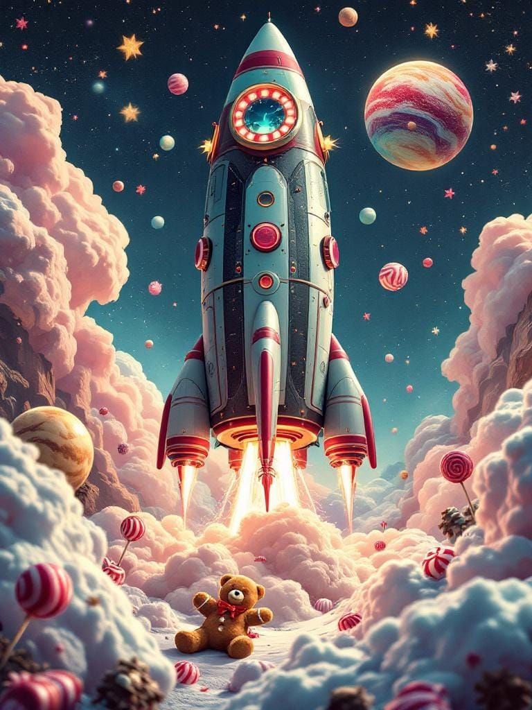 Chocolate Planet Rocket Launch in Retro Sci-Fi Style