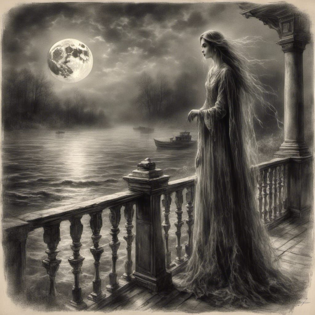 Ghostly Victorian Woman Weeping by the Sea