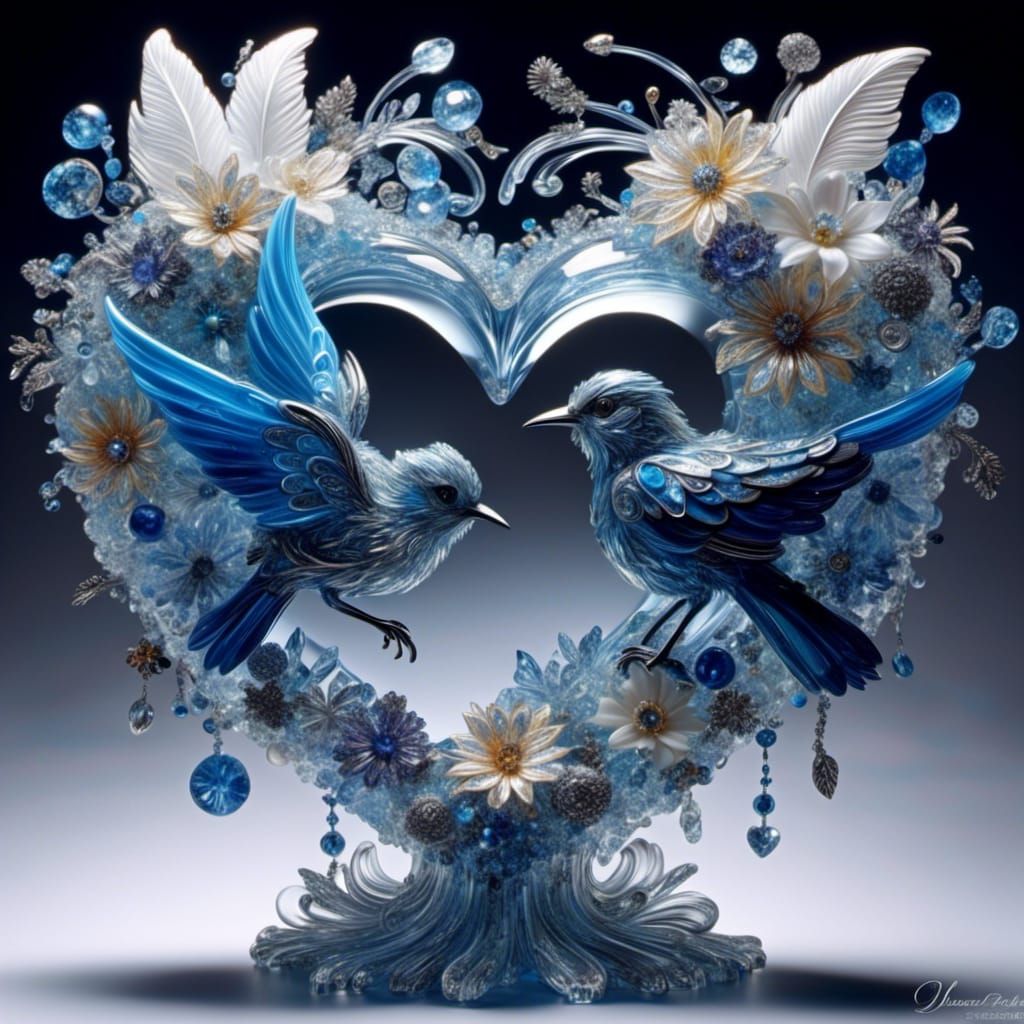 Crystal Heart with Bluejay in Decoupage Style