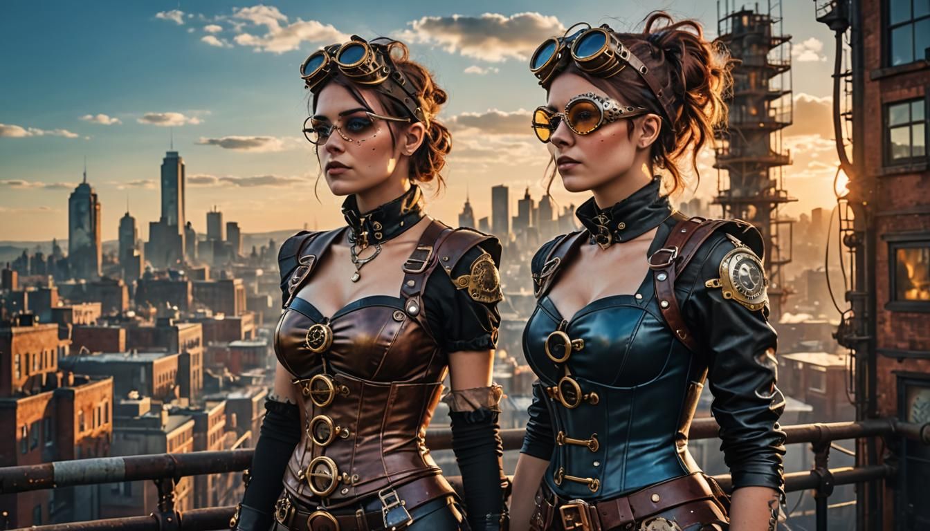 Steampunk twin girls stand and look out over the city.