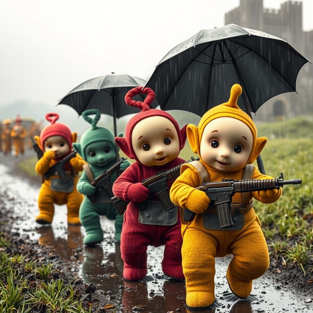 WW1 Teletubbies Storm Battlefield in Photorealistic Style