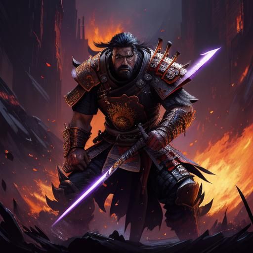 Bear Samurai with Fire Sword, Dark Fantasy Art