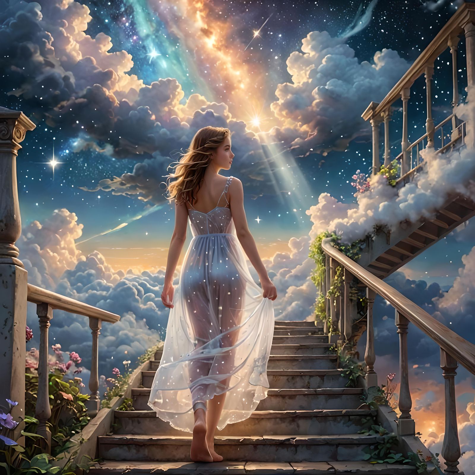 Ethereal Girl Ascending to Dreamland: Cosmic Illustration