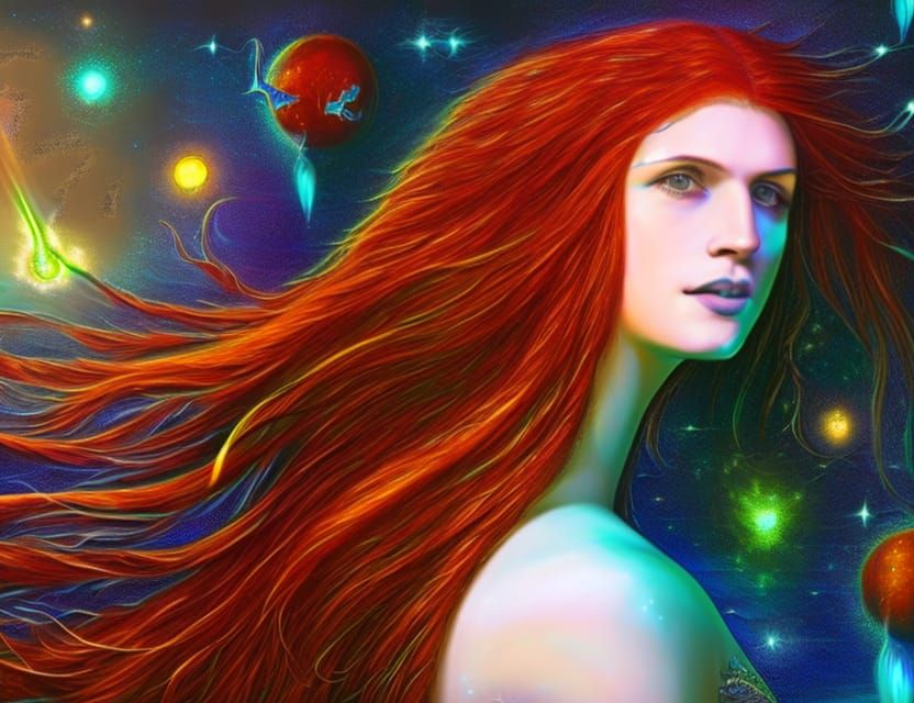 Goddess of Night with Stars, Art Nouveau Painting