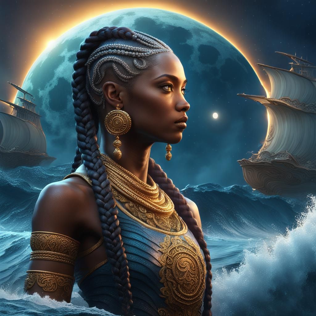 Ocean Goddess with Cornrows and Full Moon