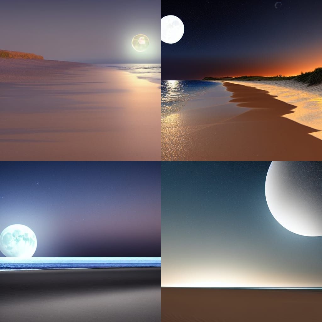 Hyperrealistic Full Moon Over Beach at Night