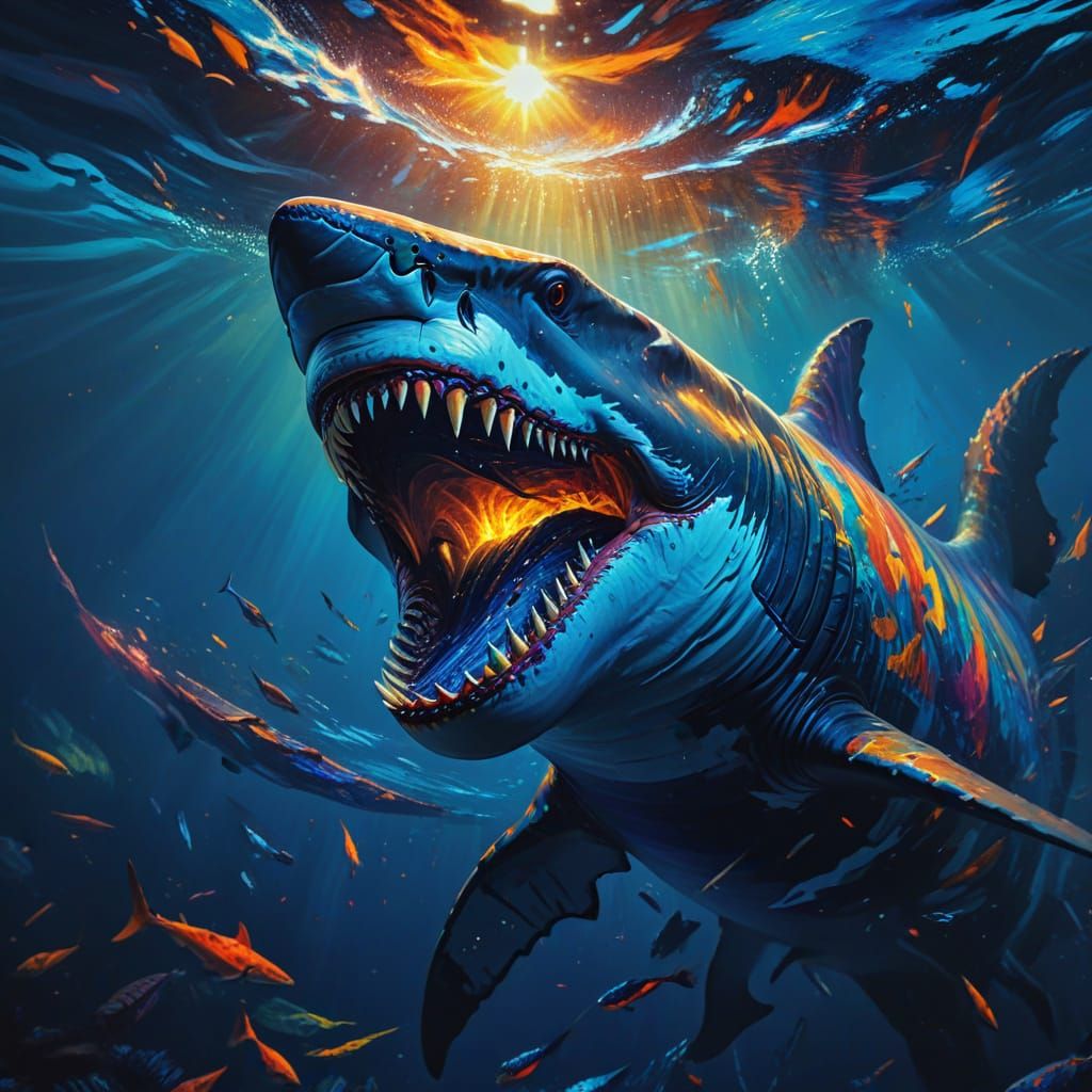 Fauvist Megalodon with Bioluminescent Teeth