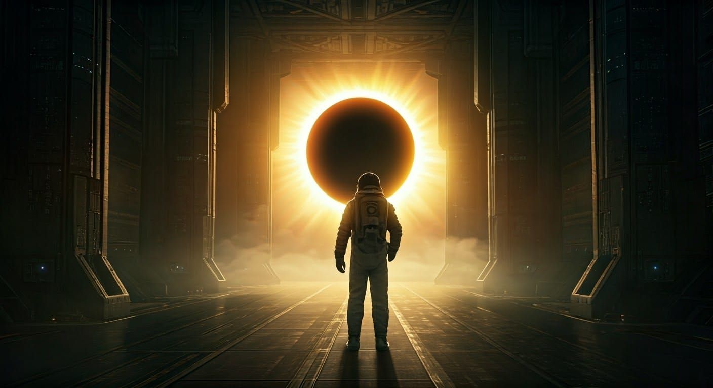 Astronaut in Futuristic Spaceport During Solar Eclipse
