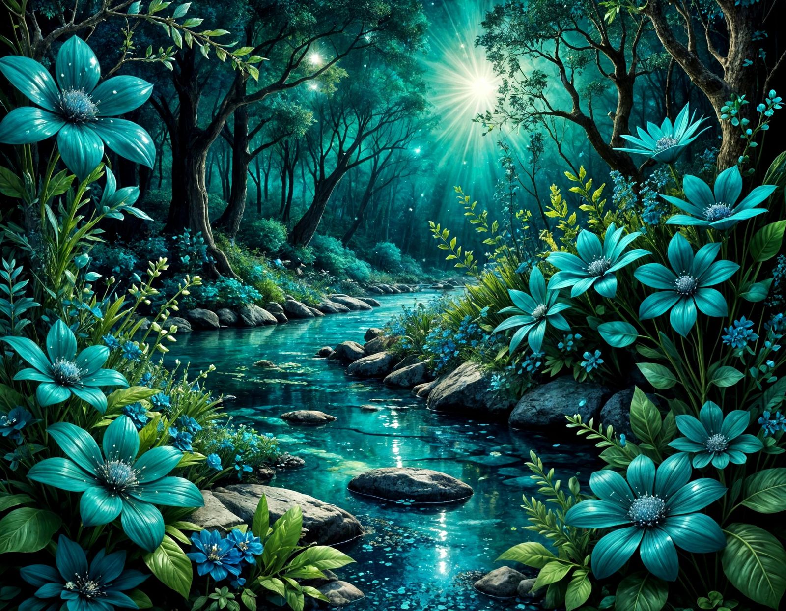 Turquoise River Dream in Mixed Media Style
