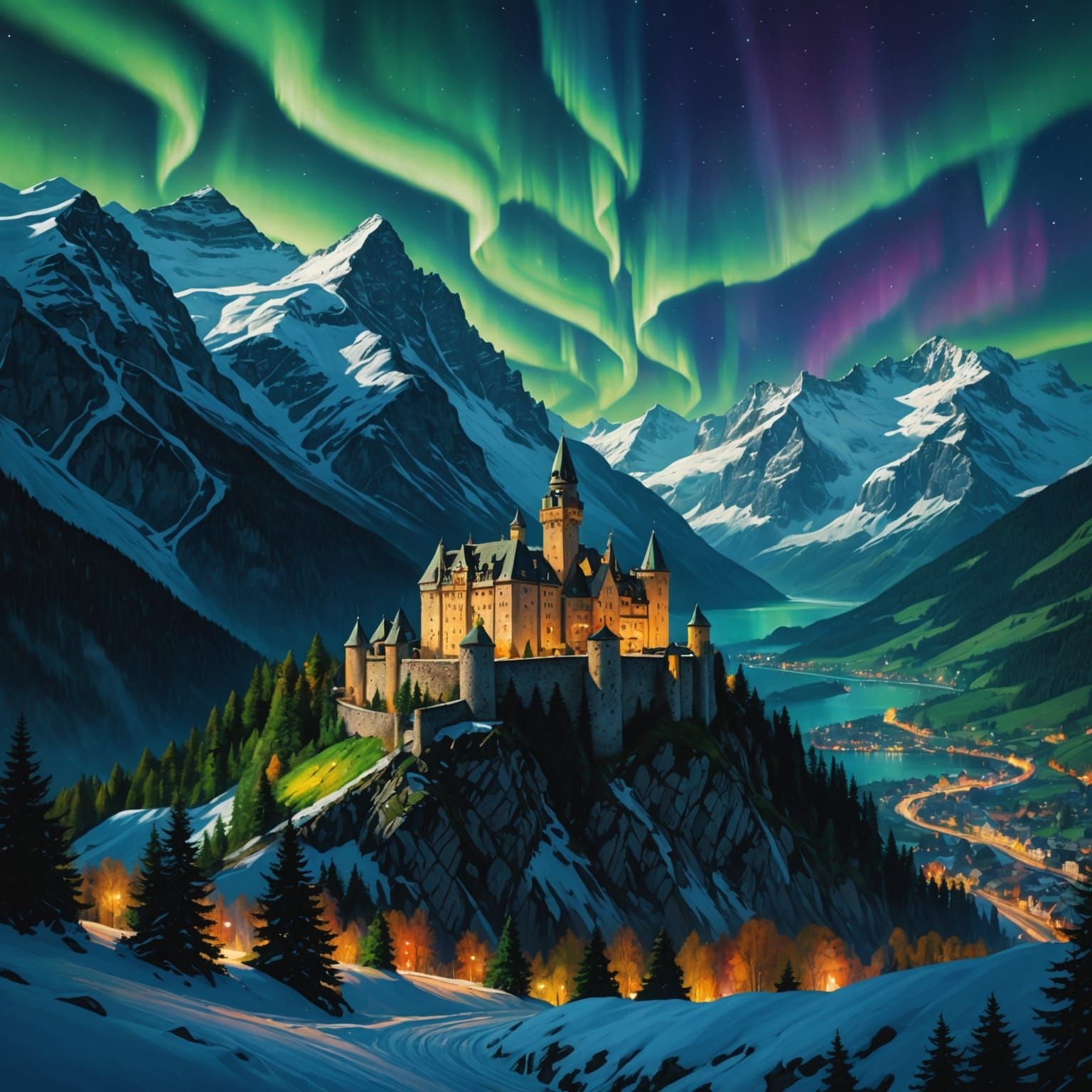 Northern Lights over Swiss Alps Castle