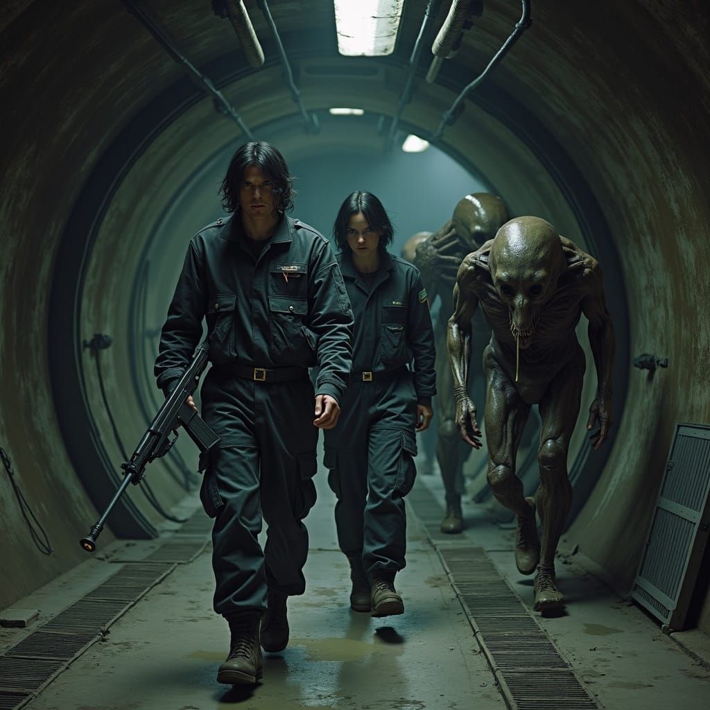 Humanoid Creature Stalks Crew in Dark Industrial Access Tunn...