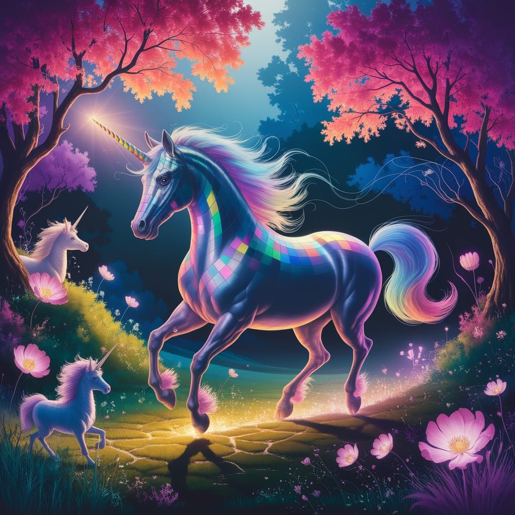 Stained Glass Unicorn in Enchanted Forest