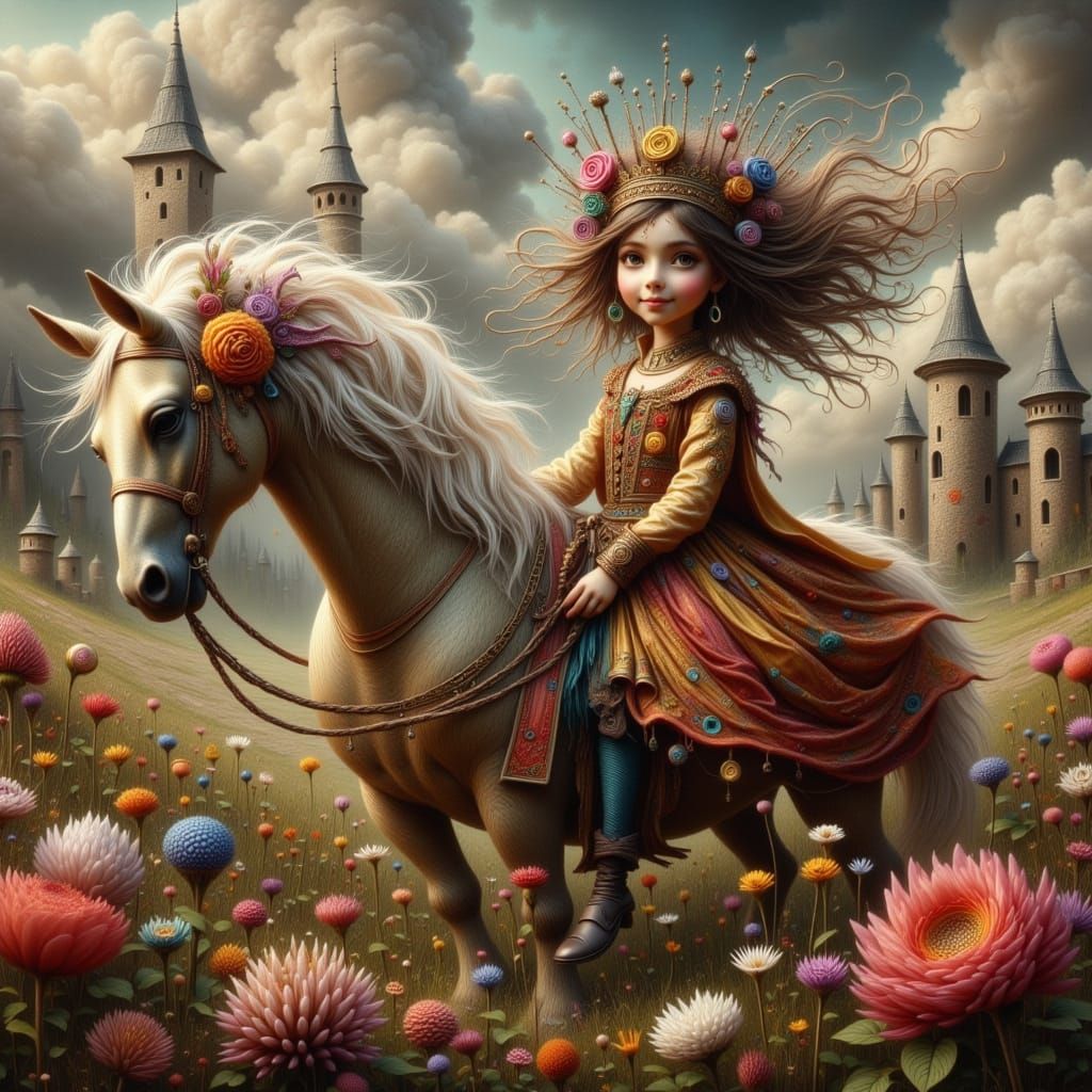 Whimsical Prince Charming on Horseback Before a Fantasy Cast...