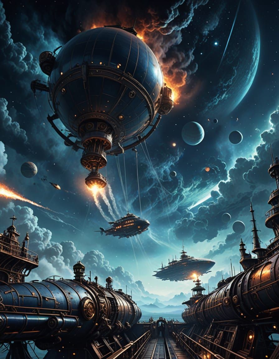 Steampunk Vikings in Drakkar Spaceship Sail Through Cosmos
