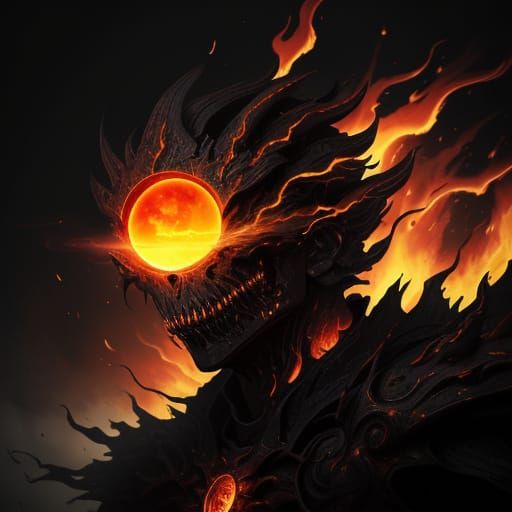 Surreal Digital Art of Flickering Inferno with Yellow Eyes