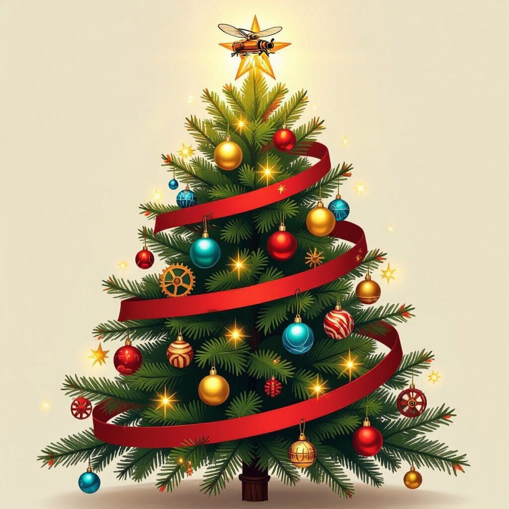 Steampunk Christmas Tree with Gears and Copper Pipes