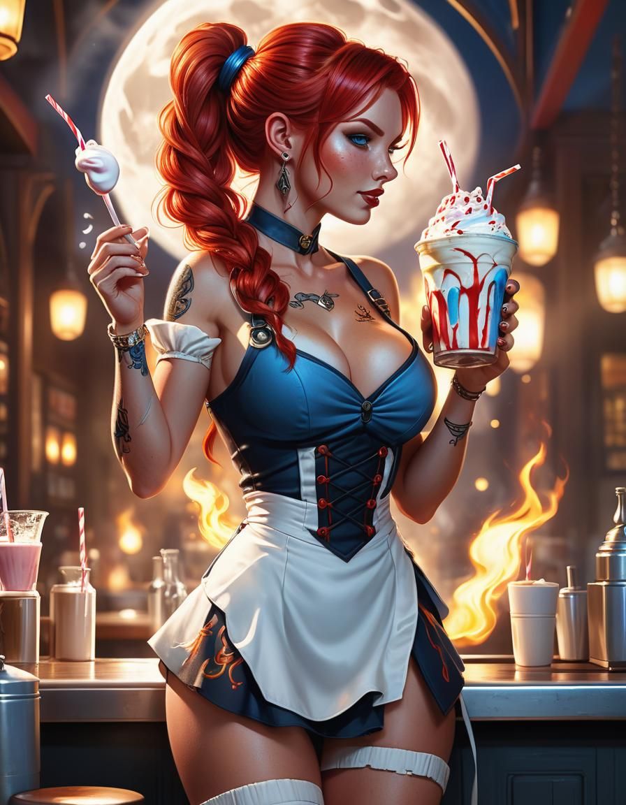 Fantasy Waitress with Moon Tattoo: Epic Illustration