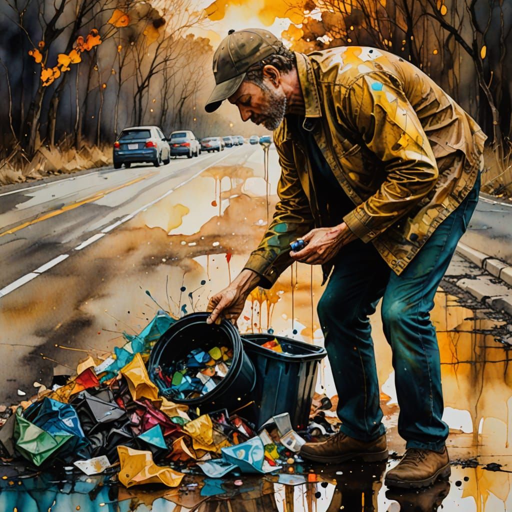 Man Picking Up Trash: Abstract Expressionist Alcohol Ink