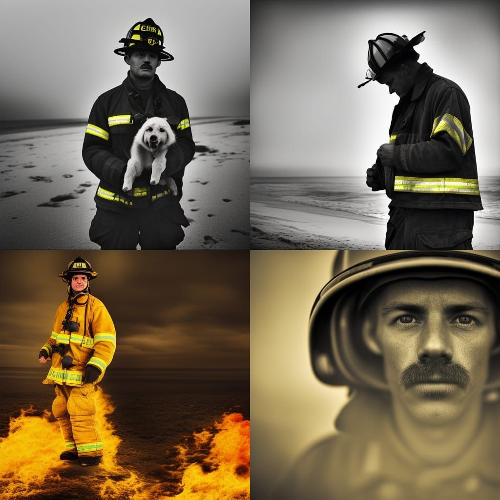 Firefighter in heaven on the beach with yellow dog