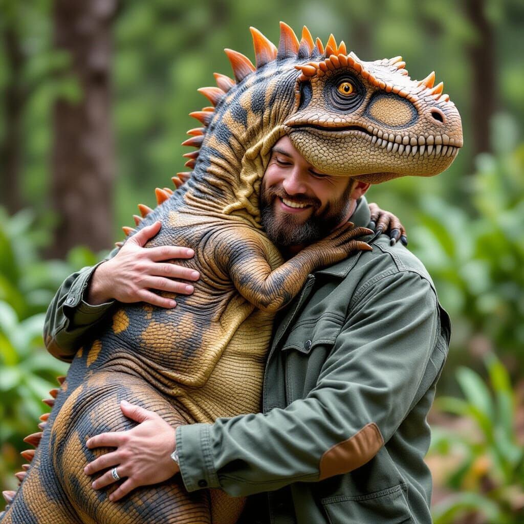 Man's Affectionate Hug with Dinosaur Companion