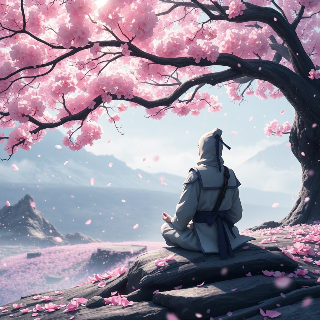 Ninja Meditation Under Cherry Blossoms: Anime Art